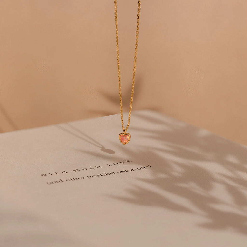 Pink Opal Heart Necklace Silver 18K Gold Plated