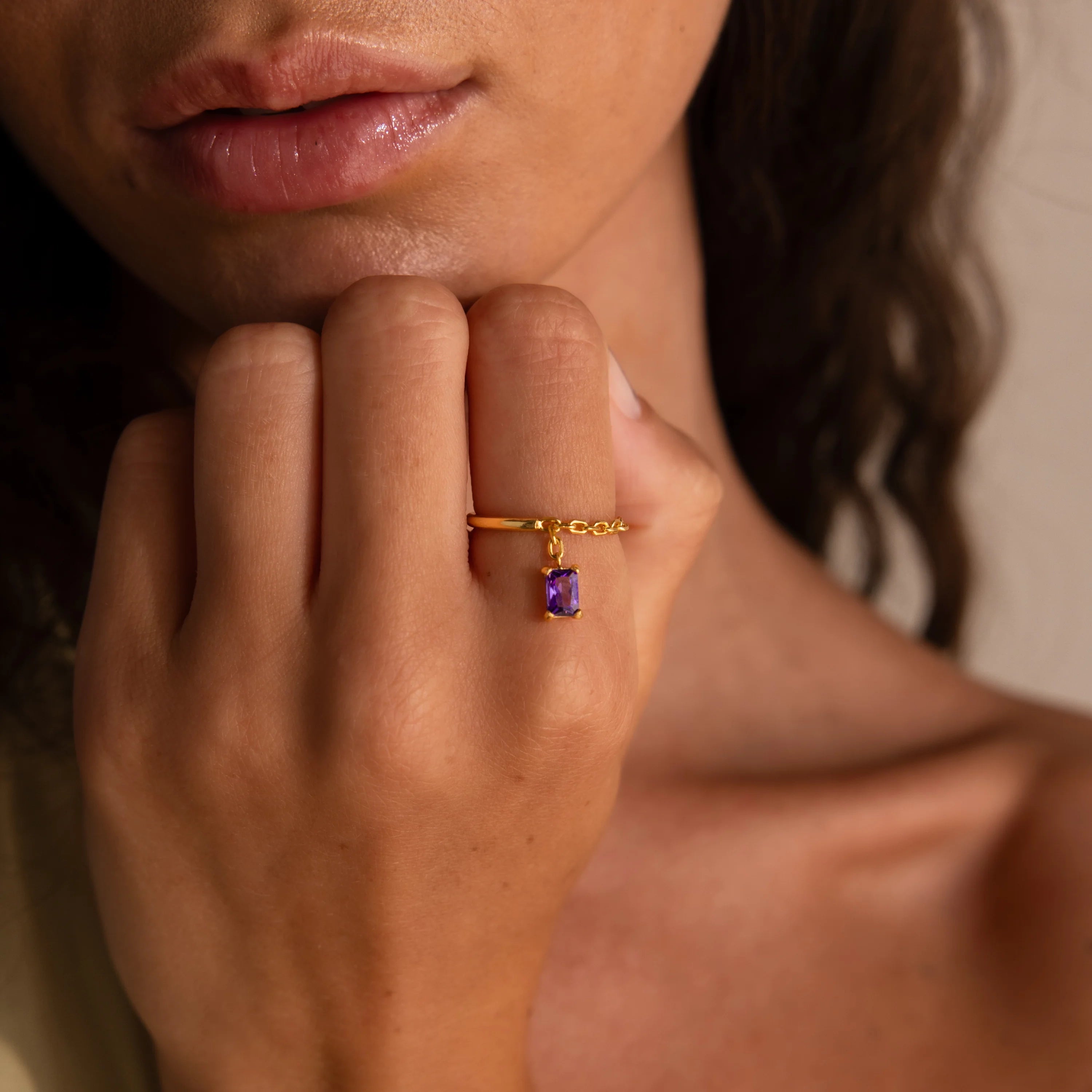 Alexandrite Drop Chain Ring Silver 18K Gold Plated