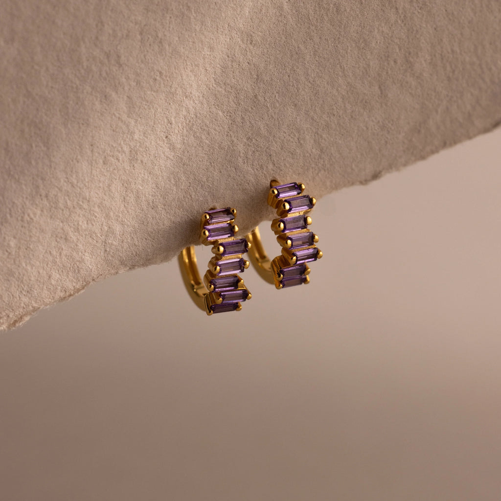 Staggered Baguette Amethyst Huggies Silver 18K Gold Plated