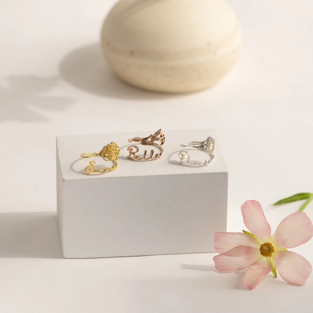 Birth Flower Name Ring Silver 18K Gold Plated