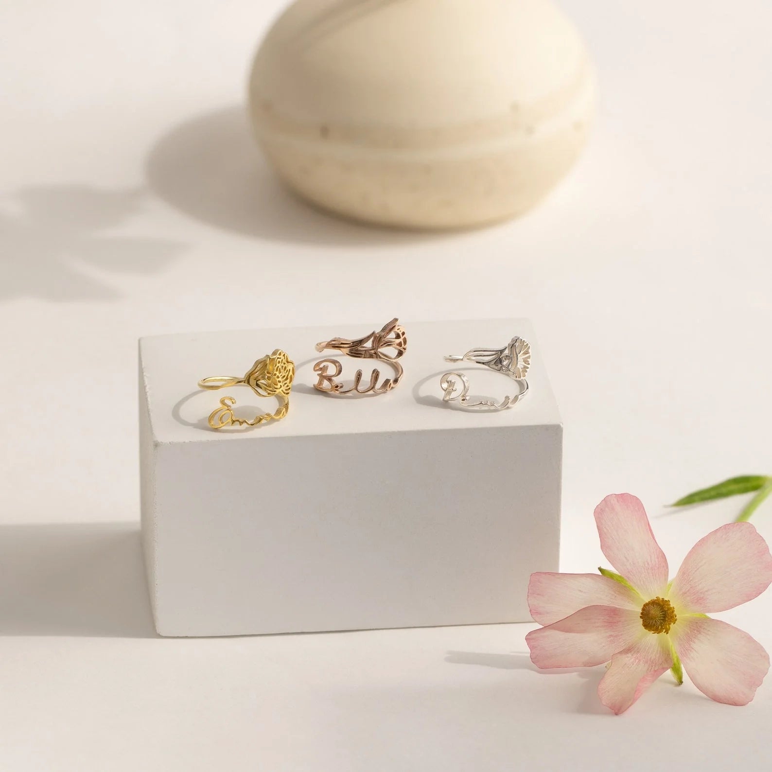 Birth Flower Name Ring Silver 18K Gold Plated