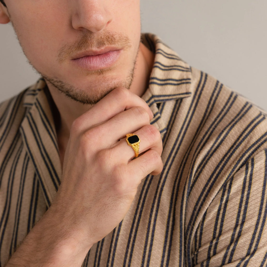Black Enamel Signet Rings Silver 18K Gold Plated