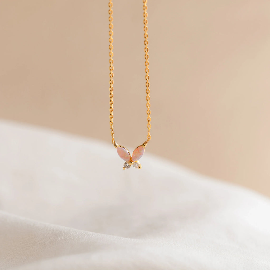 Diamond Pink Opal Butterfly Necklace Silver 18K Gold Plated