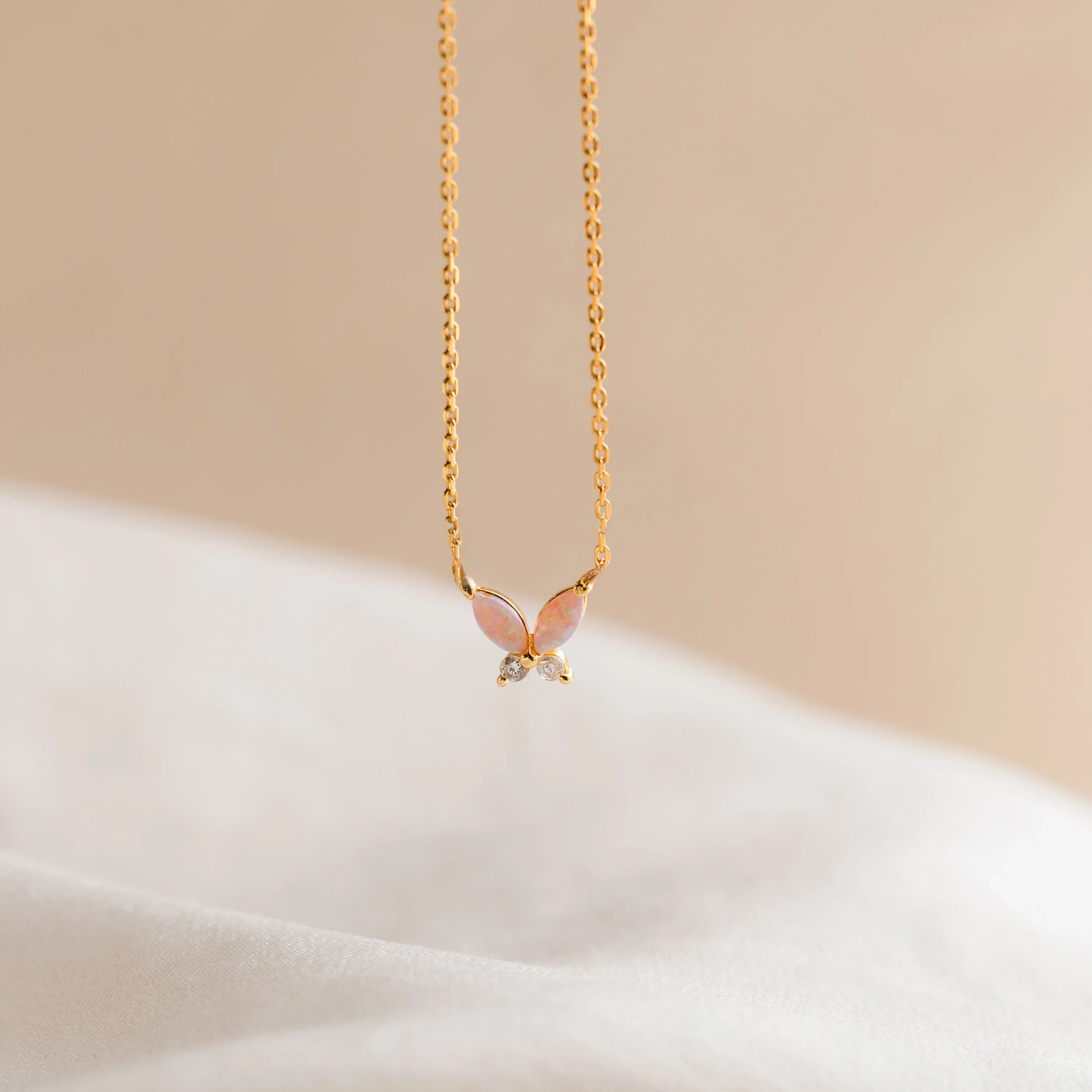 Diamond Pink Opal Butterfly Necklace Silver 18K Gold Plated