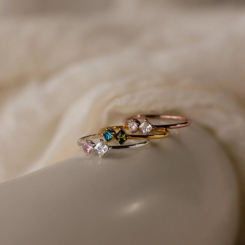 Toi et Moi Princess Birthstone Ring Silver 18K Gold Plated