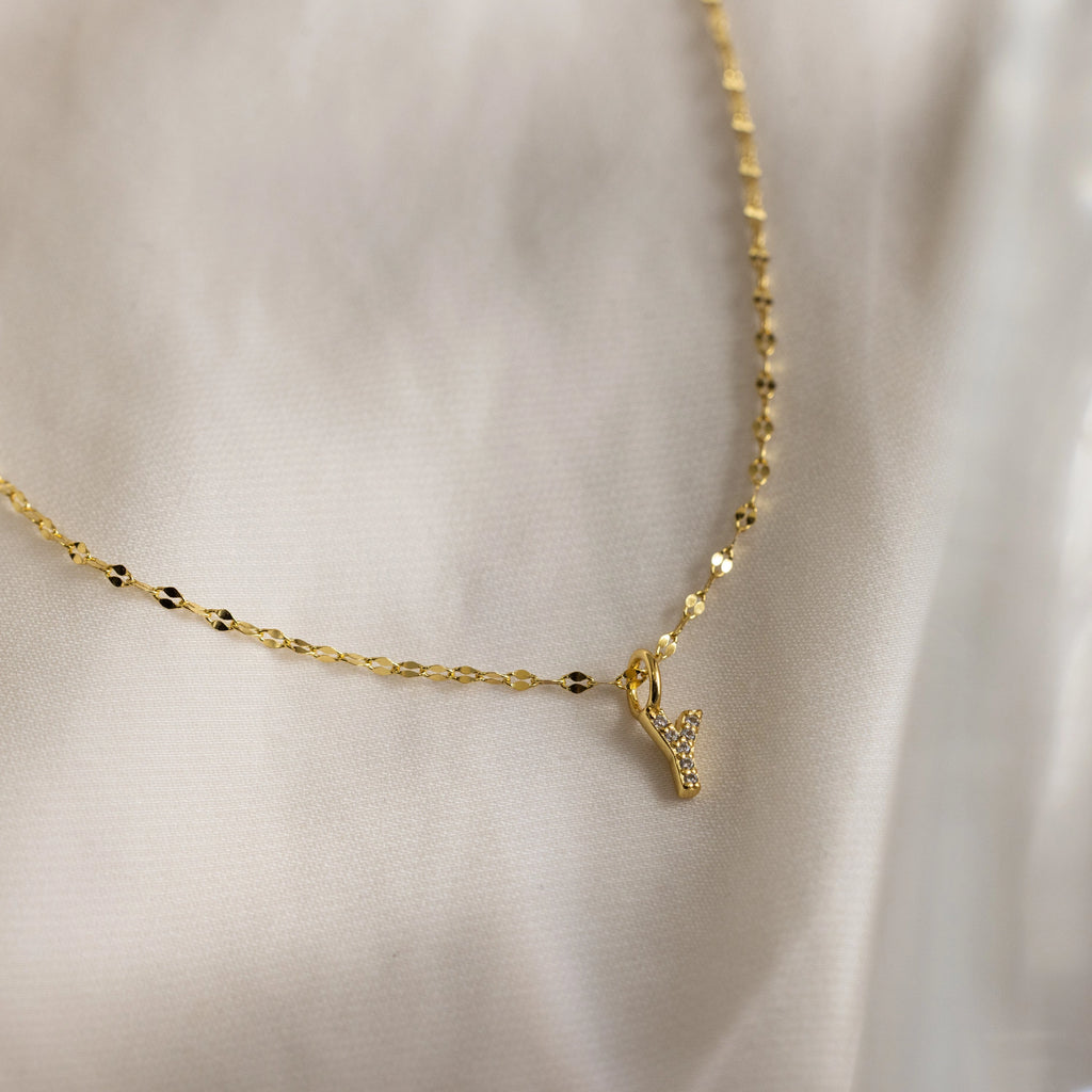 Dainty Pave Letter Necklace Silver 18K Gold Plated