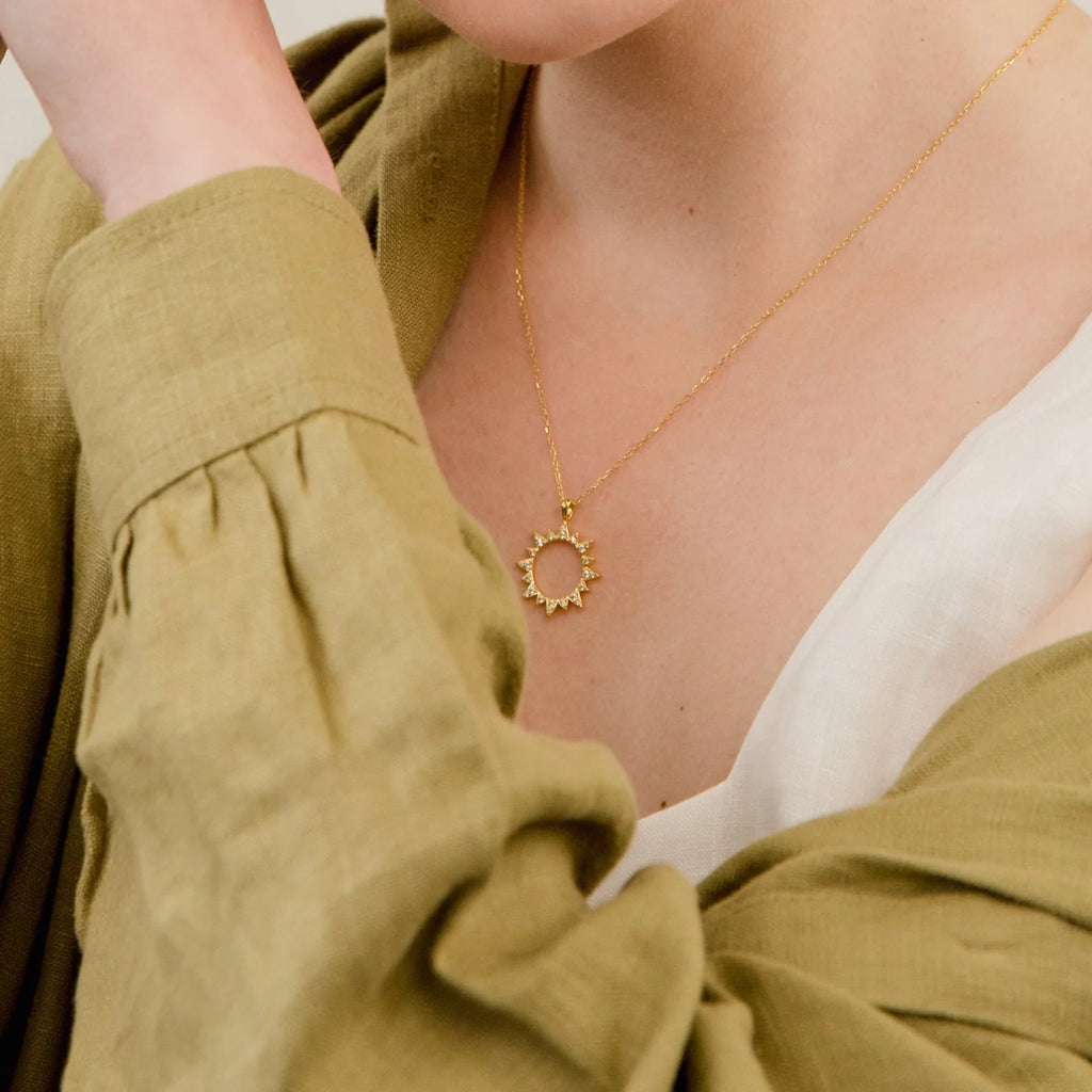 Pave Sun Charm Necklace Silver 18K Gold Plated