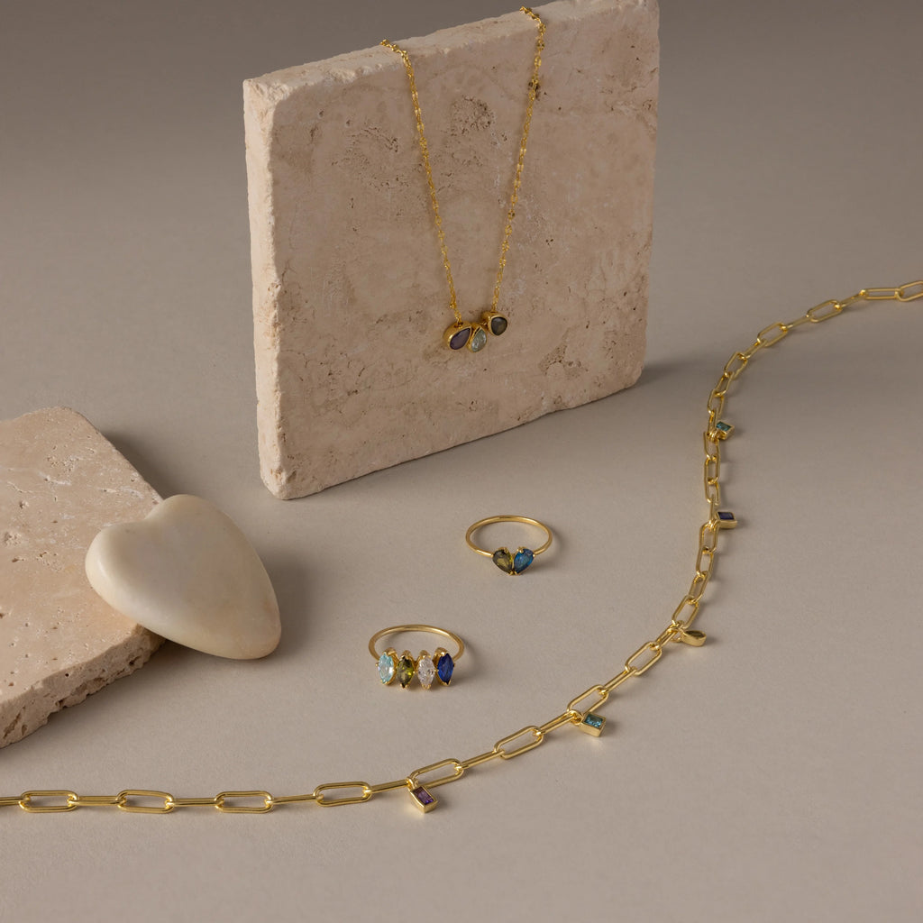 Mixed Birthstone Charm Necklace Silver 18K Gold Plated