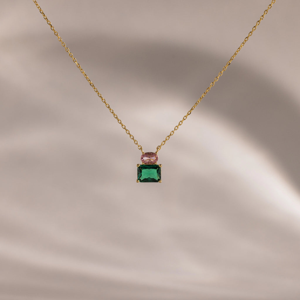 Emerald Pink Tourmaline Necklace Silver 18K Gold Plated