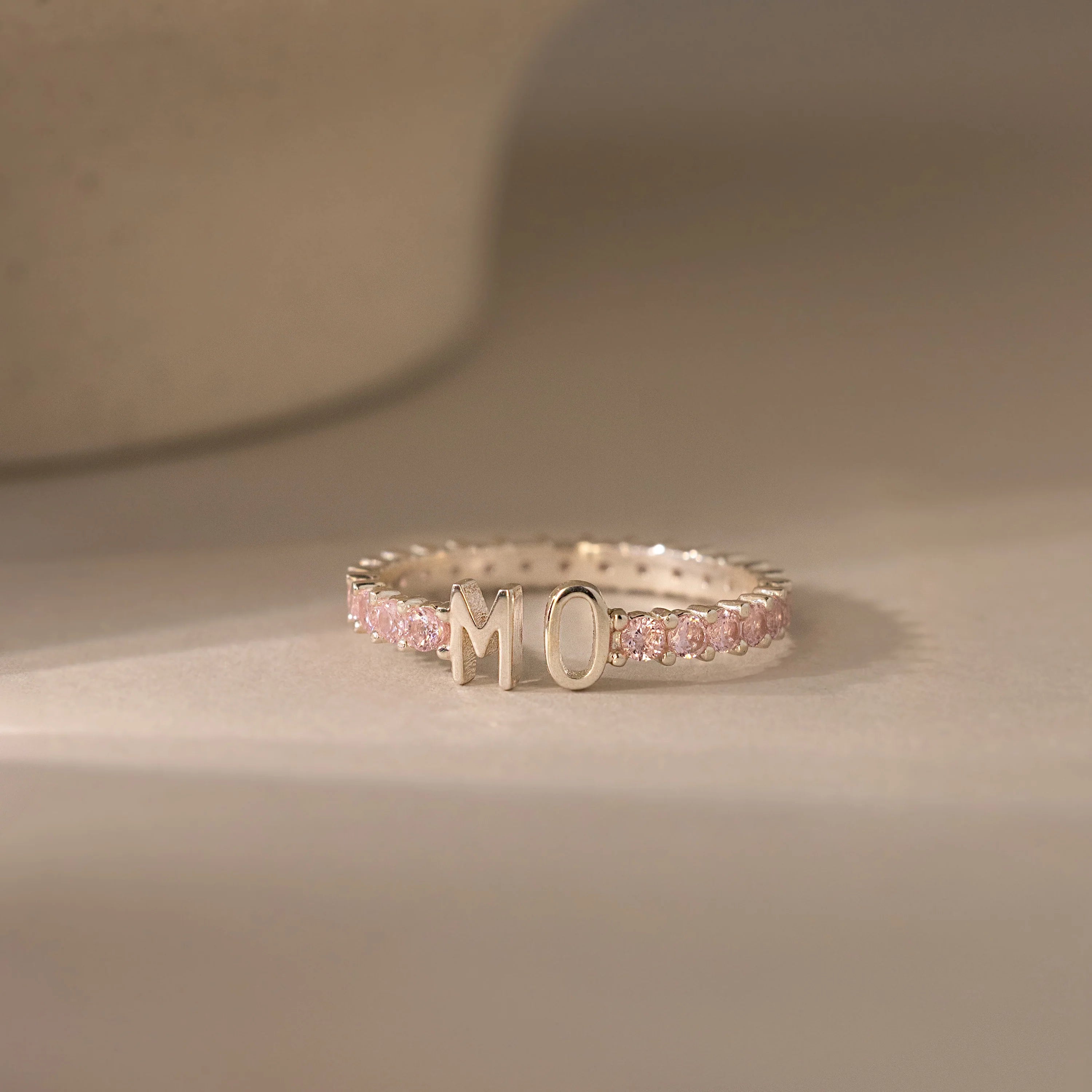 Pink Tourmaline Duo Initial Tennis Ring Silver 18K Gold Plated