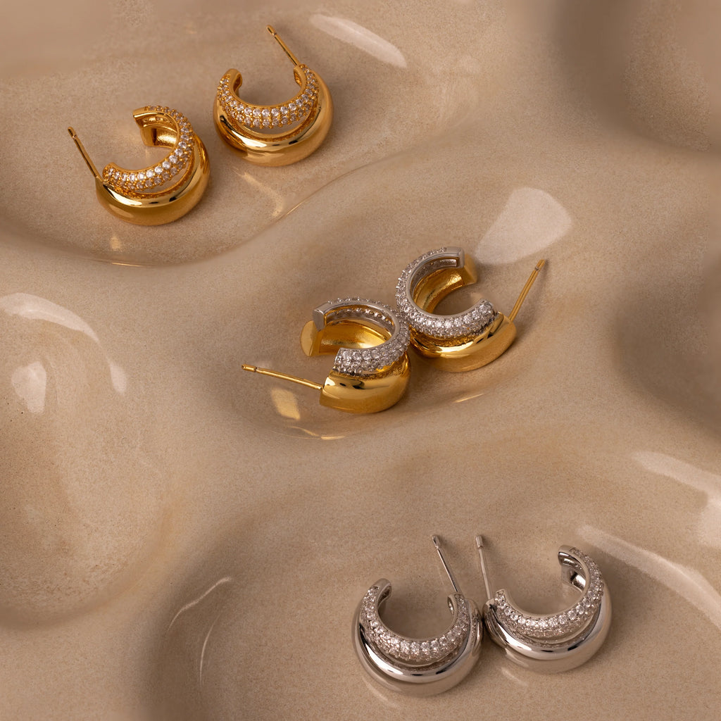 Duo Pave Dome Studs Silver 18K Gold Plated