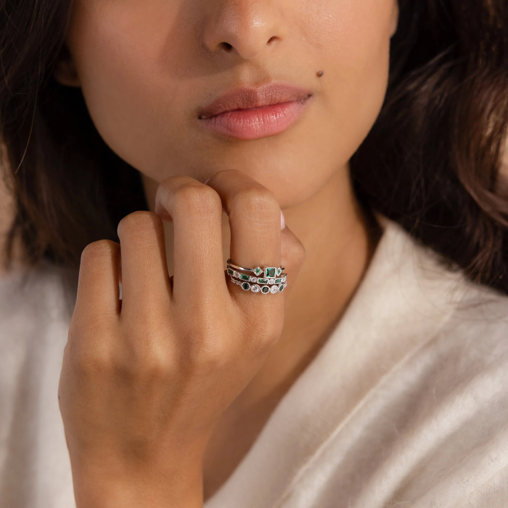 Emerald Stacking Ring Set Silver 18K Gold Plated