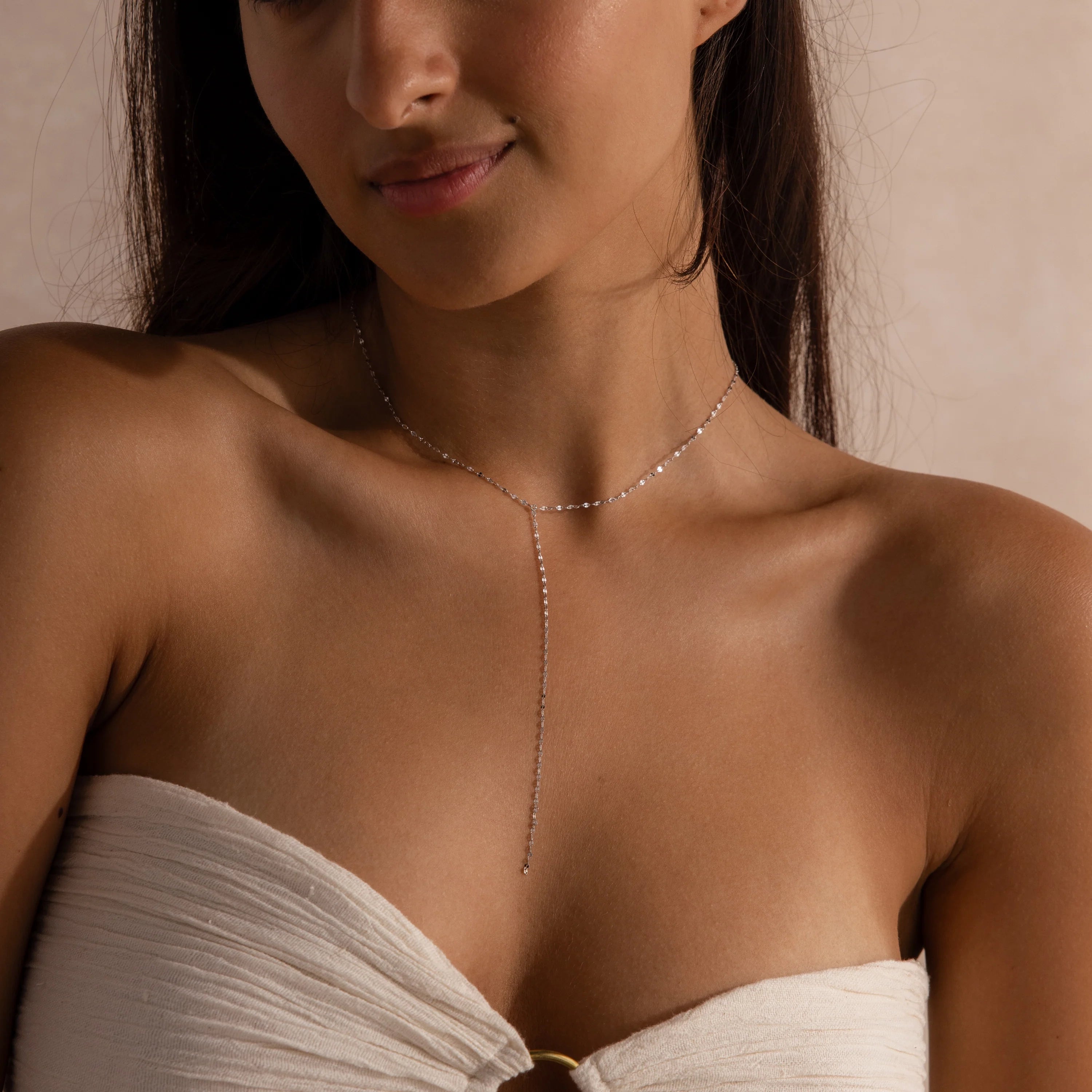 Mirror Chain Lariat Necklace Silver 18K Gold Plated