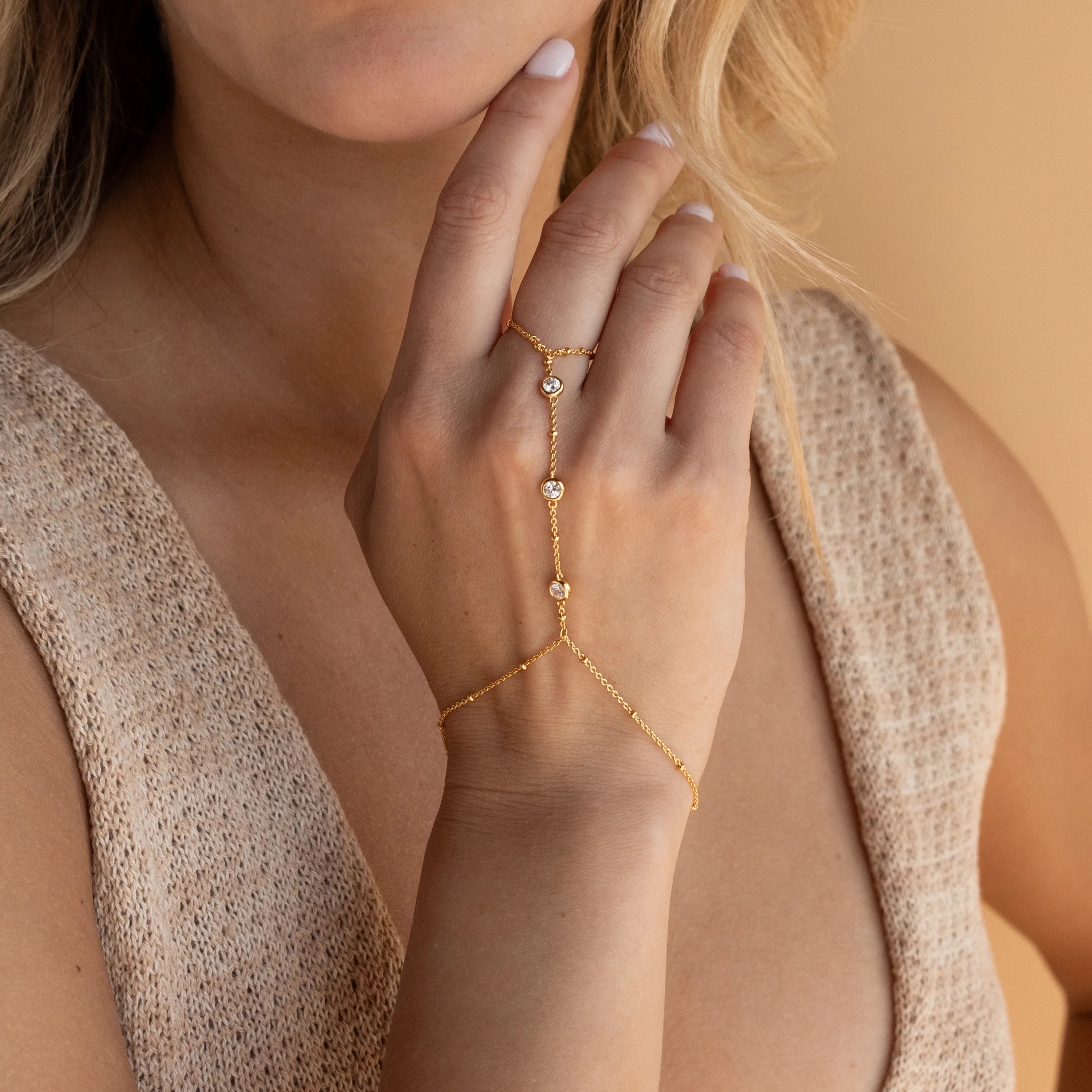 Diamond Bezel Hand Chain Silver 18K Gold Plated