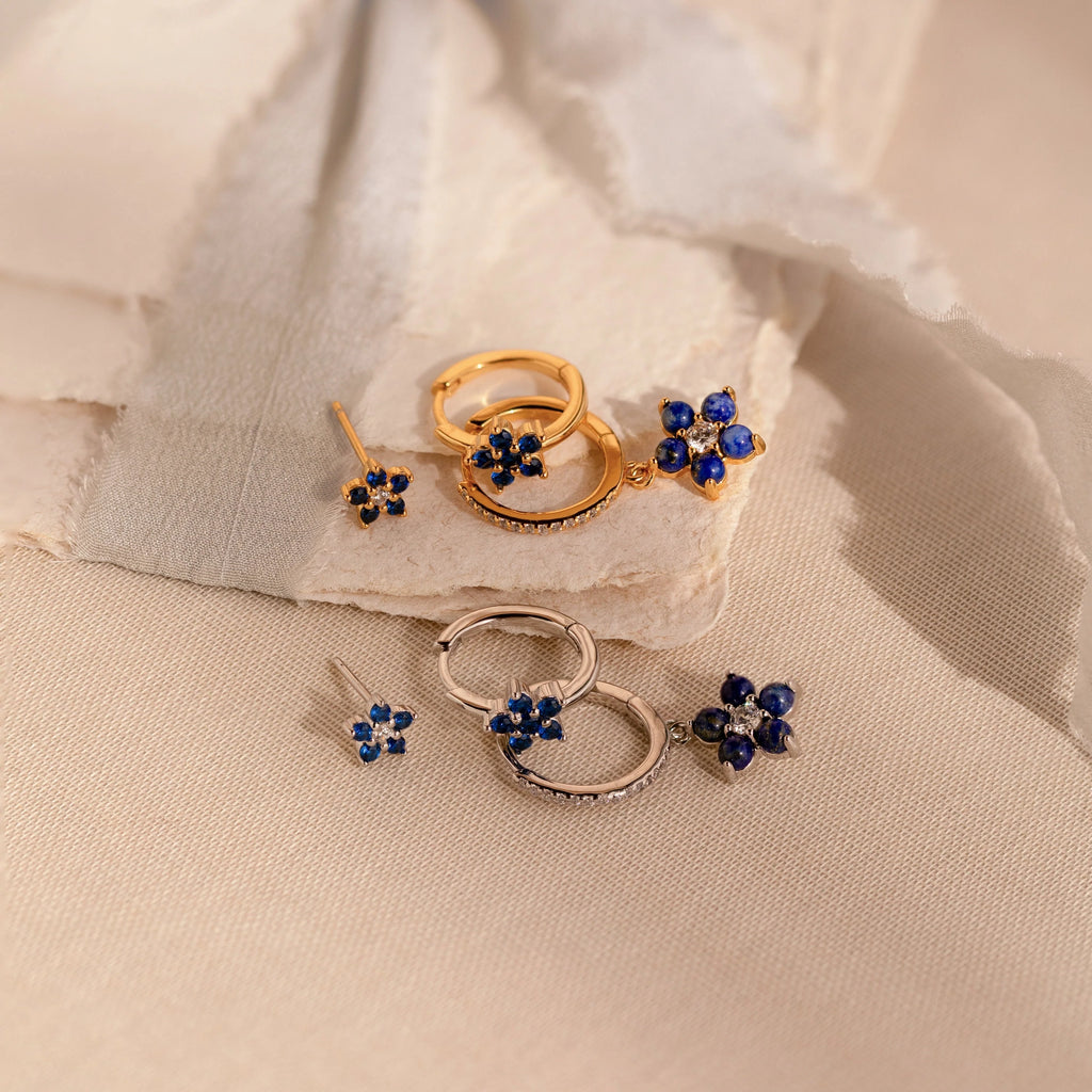 Sapphire Flower Earrings Set  Silver 18K Gold Plated
