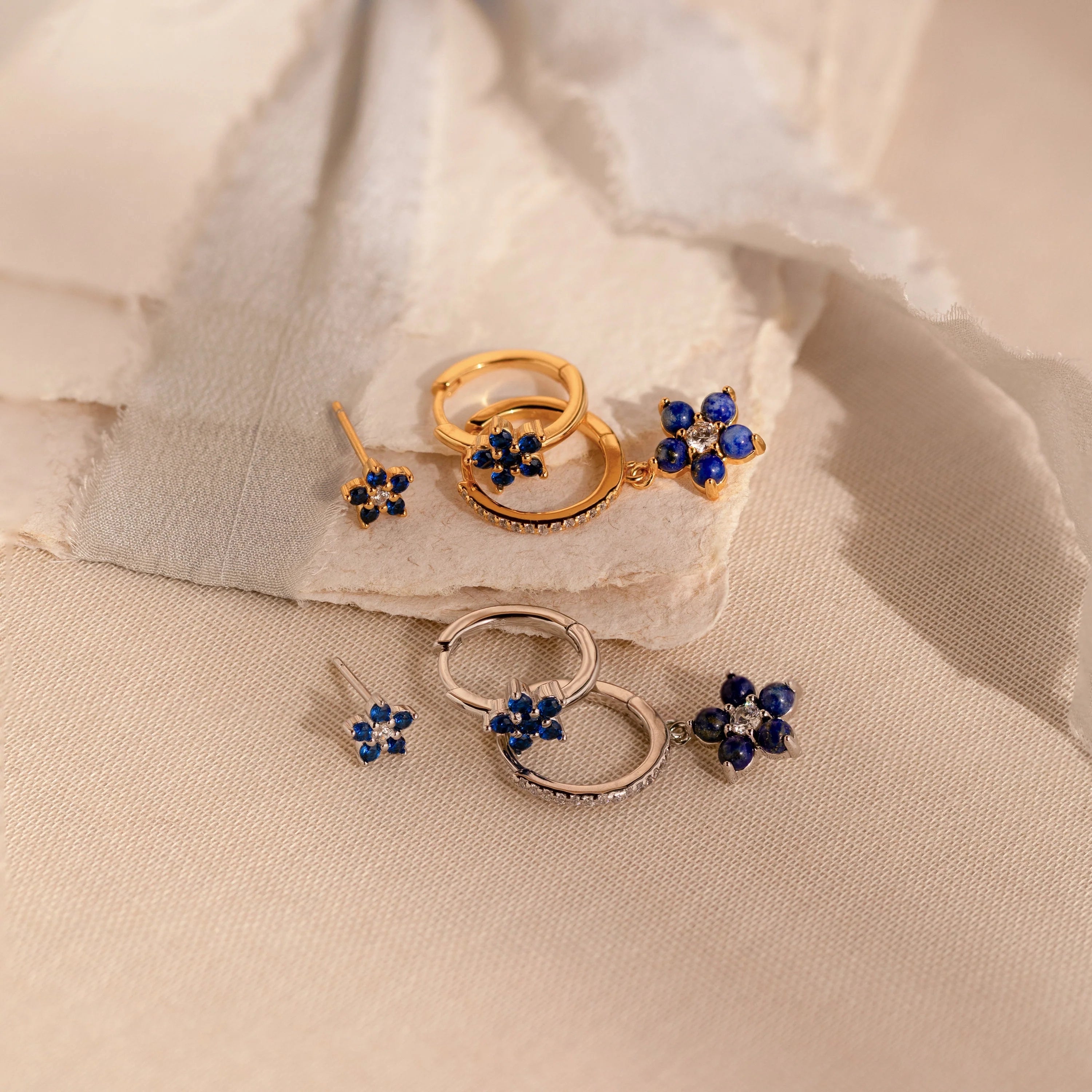 Sapphire Flower Earrings Set  Silver 18K Gold Plated