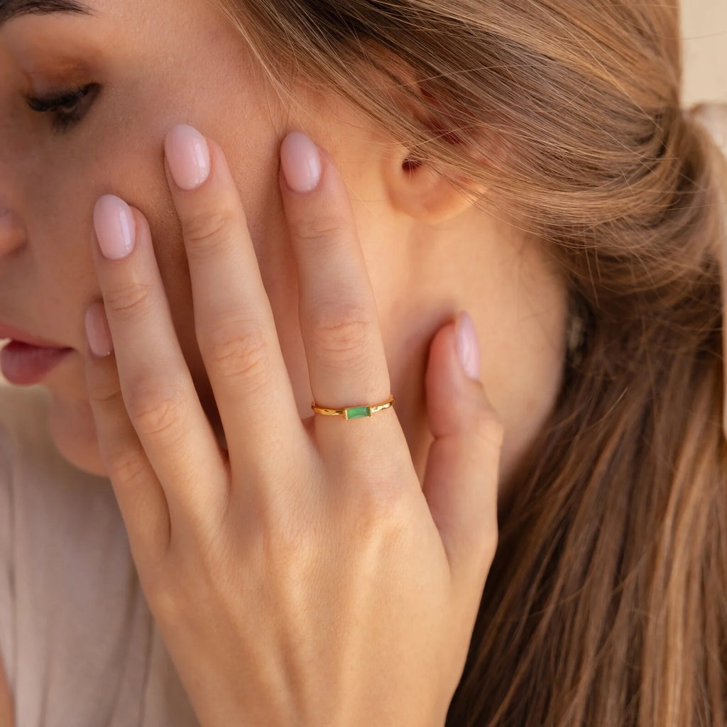 Jade Baguette Ring Silver 18K Gold Plated