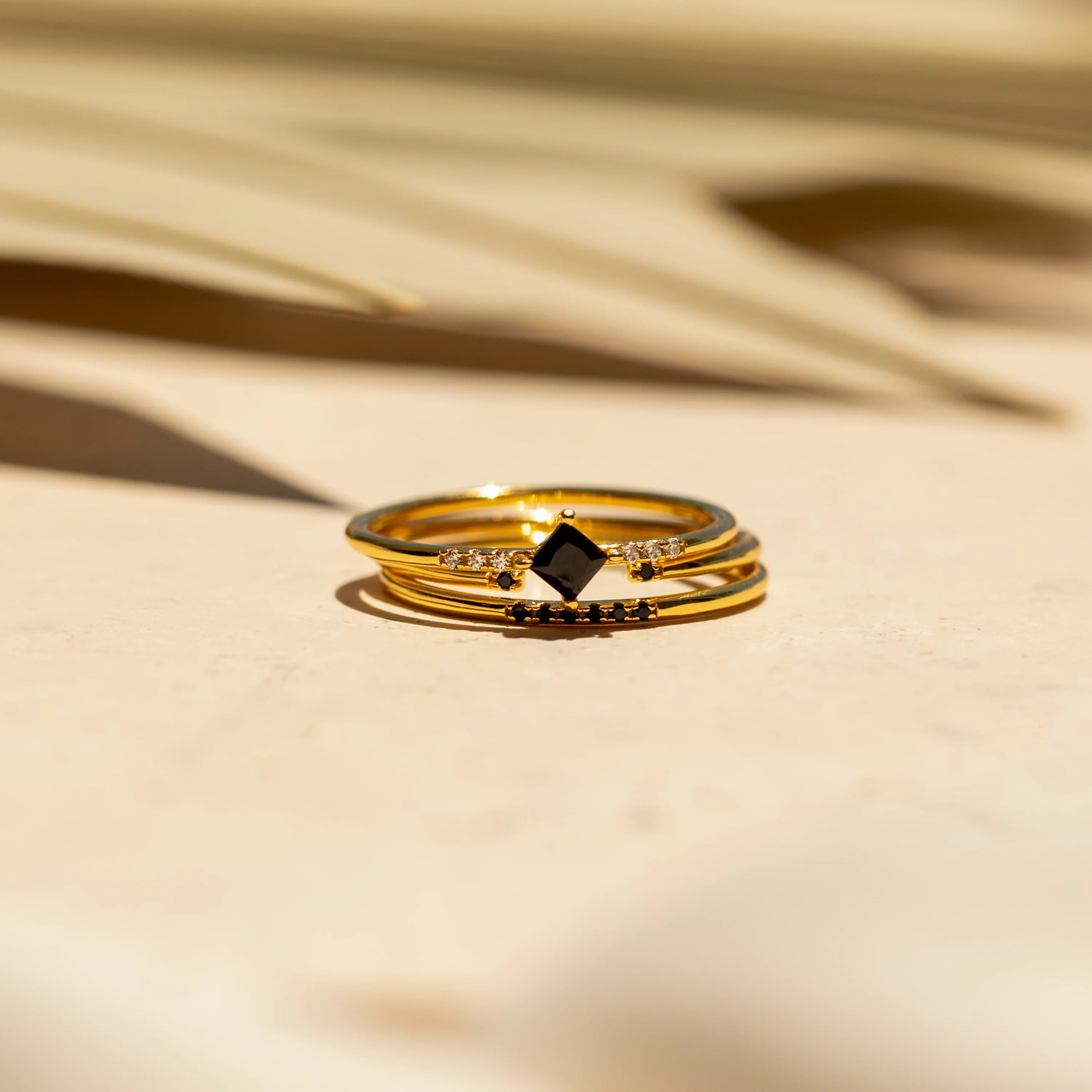 Diamond Onyx Ring Set Silver 18K Gold Plated