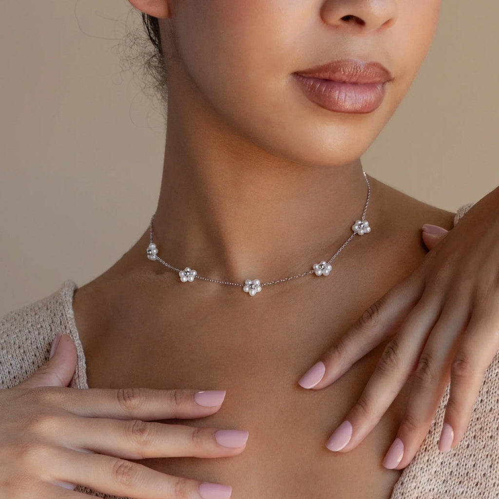 Flower Pearl Station Necklace Silver 18K Gold Plated