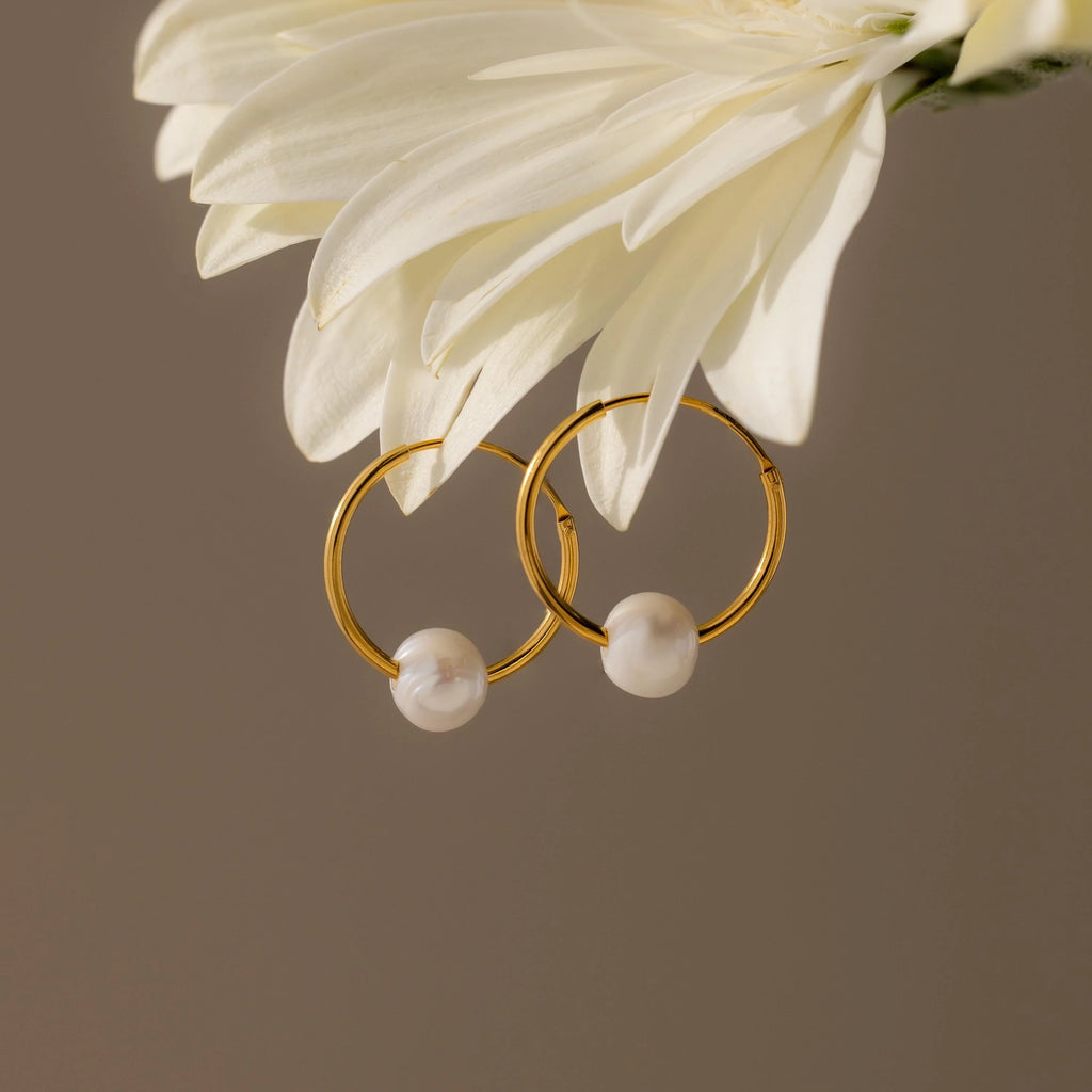 Round Pearl Hoops Silver 18K Gold Plated