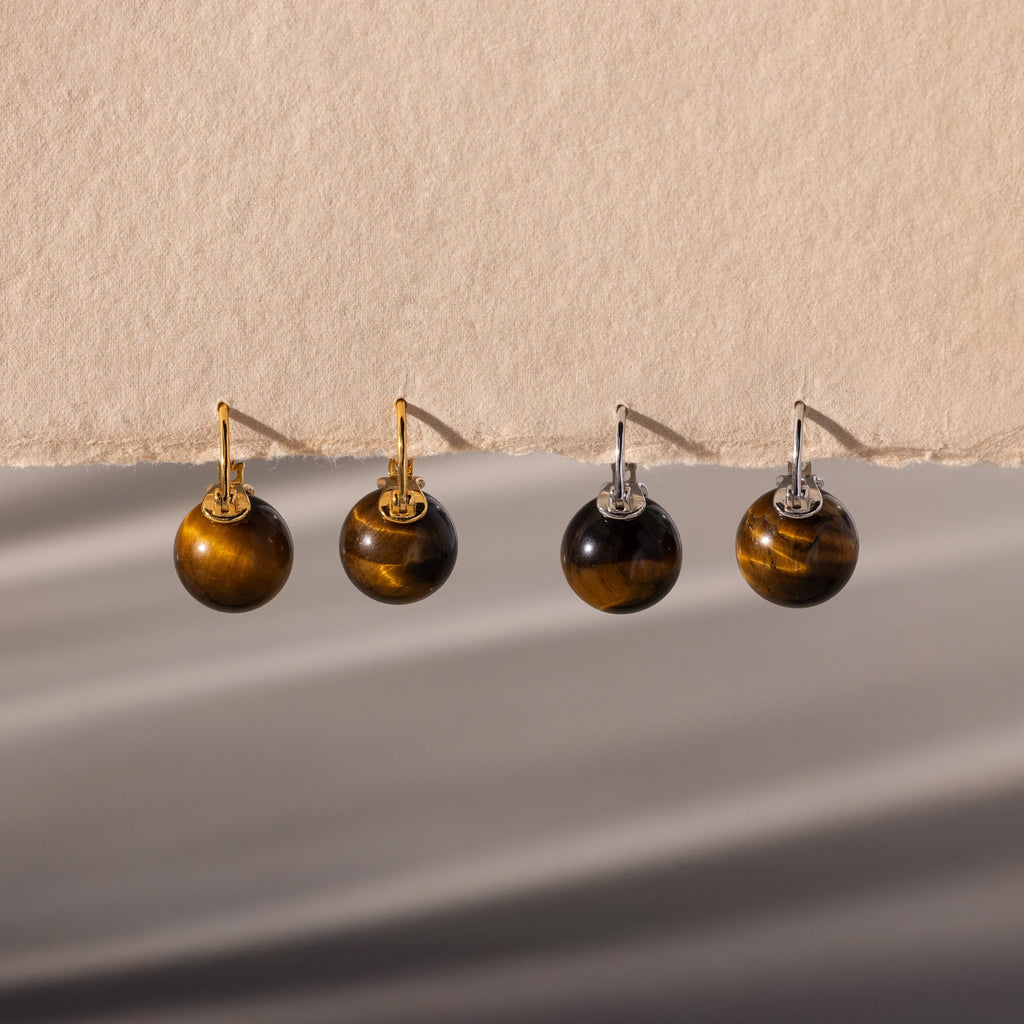 Tiger's Eye Dome Drop Earrings Silver 18K Gold Plated