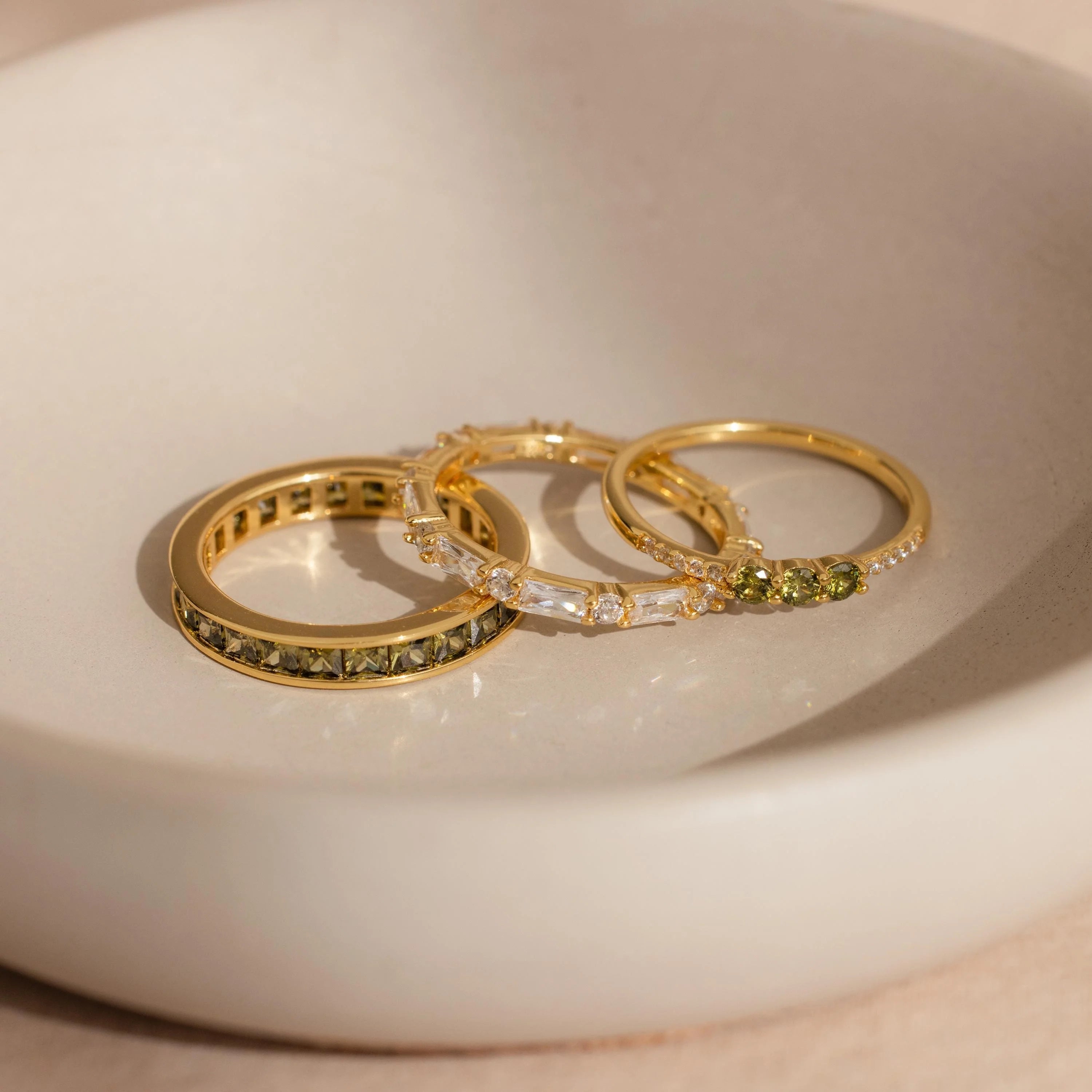 Diamonds Peridot Rings Set Silver 18K Gold Plated