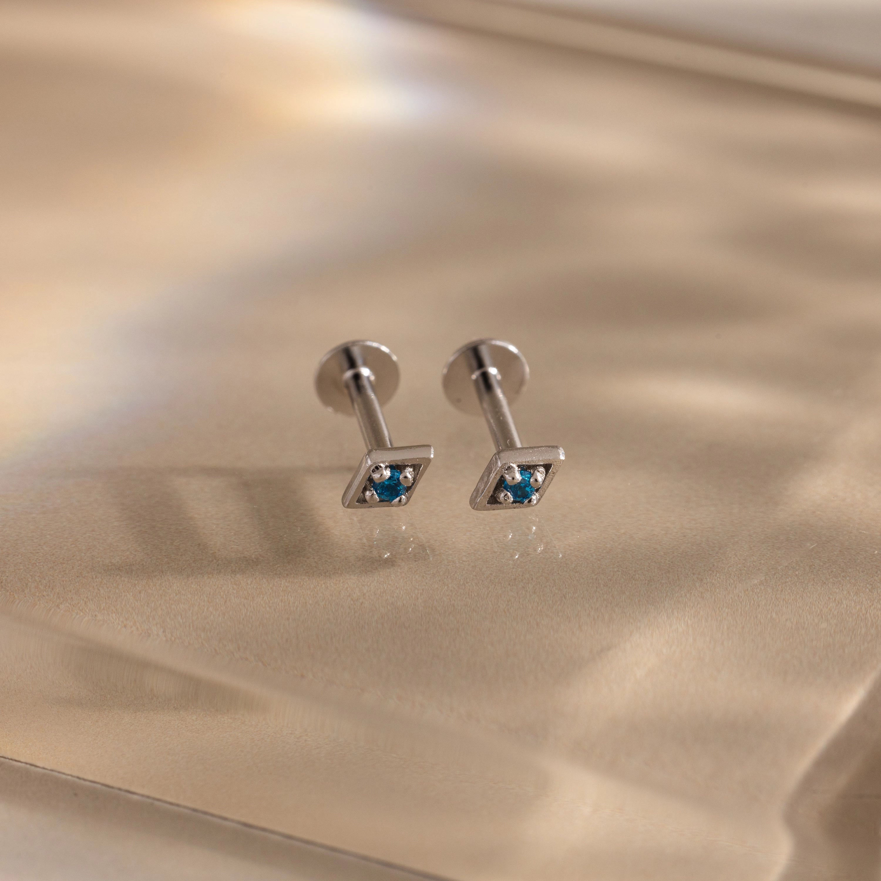 Geometric Blue Zircon Flat Back Studs Silver 18K Gold Plated