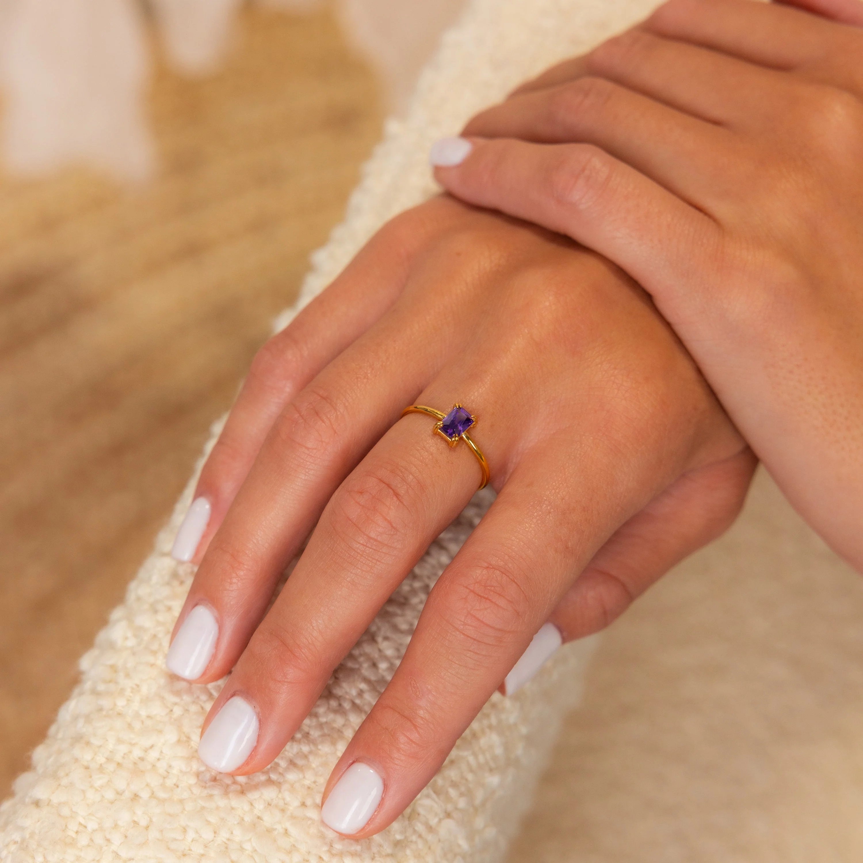 Emerald Cut Birthstone Ring Silver 18K Gold Plated