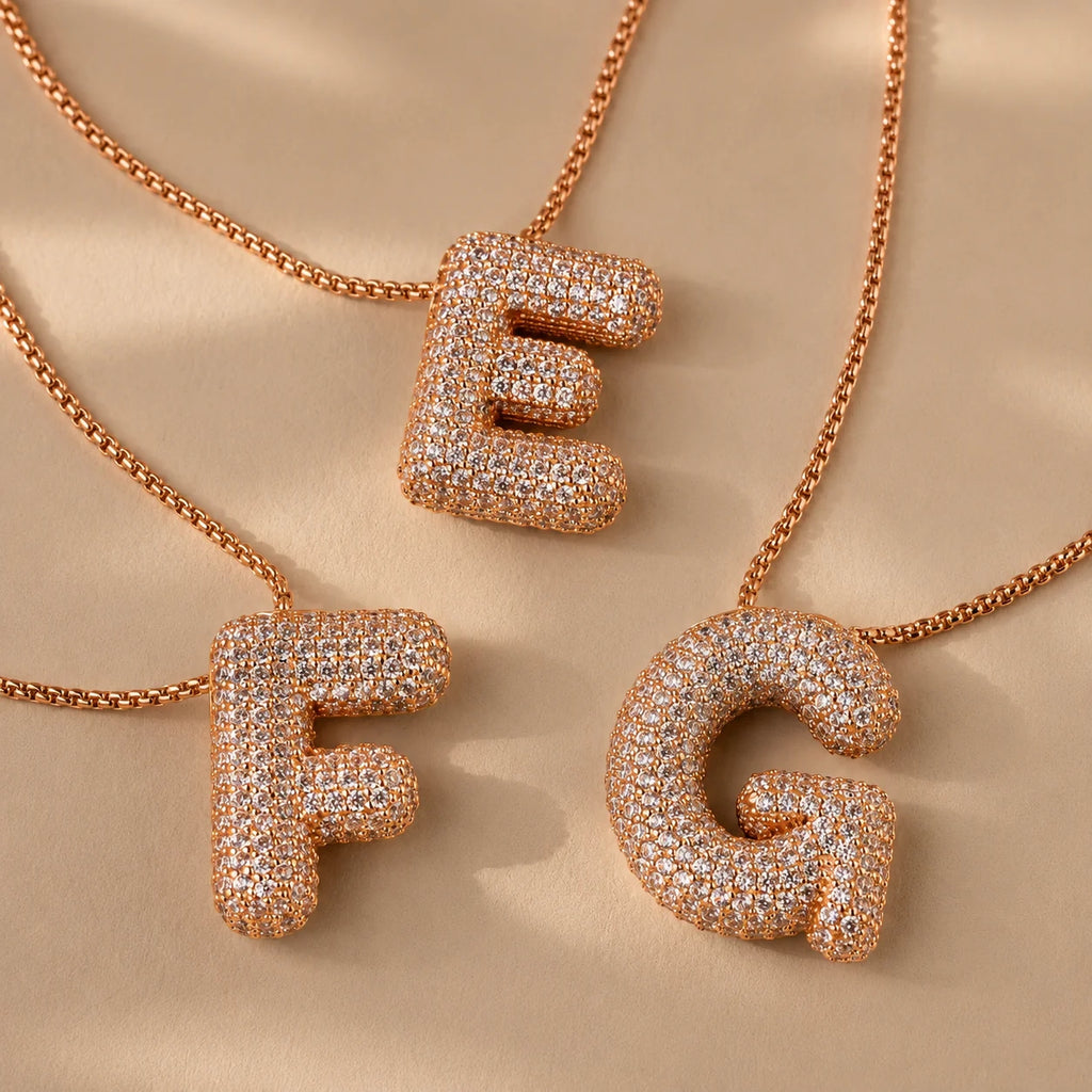Personalized Puffy Initial Necklace with Pave Diamonds
