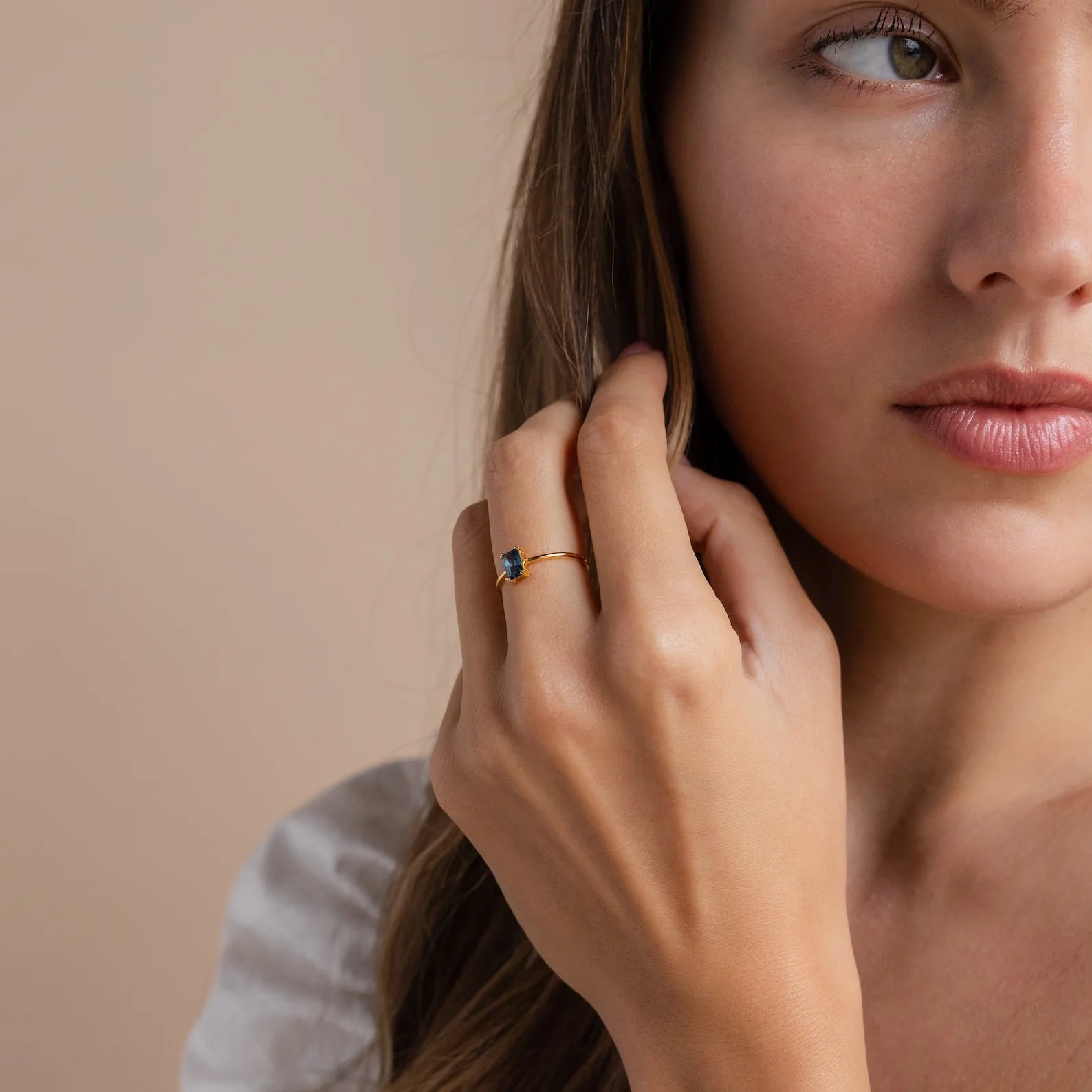 Blue Topaz Emerald Ring Silver 18K Gold Plated