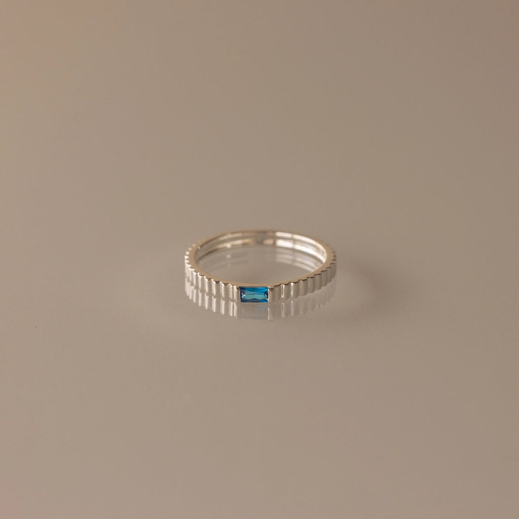 Dainty Ribbed Blue Zircon Ring Silver 18K Gold Plated