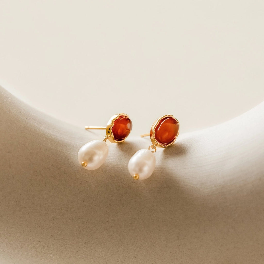 Carnelian Pearl Earrings Silver 18K Gold Plated
