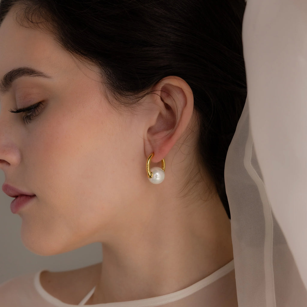 Round Pearl Hoops Silver 18K Gold Plated