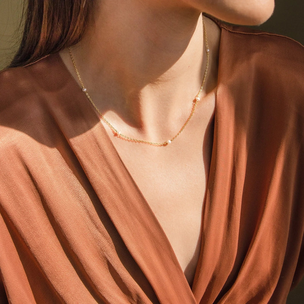 Beaded Pearl Station Necklace Silver 18K Gold Plated