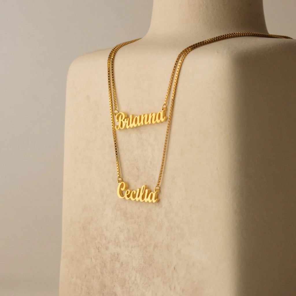London Double Name Necklace in Box Chain Silver 18K Gold Plated