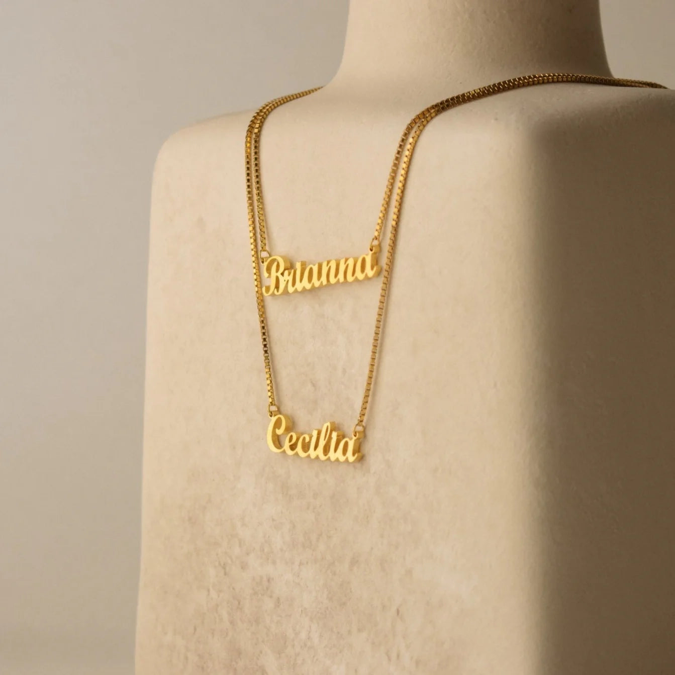 London Double Name Necklace in Box Chain Silver 18K Gold Plated