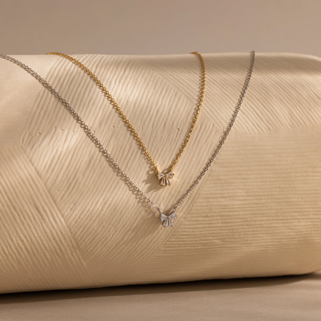 Diamond Bow Necklace Silver 18K Gold Plated