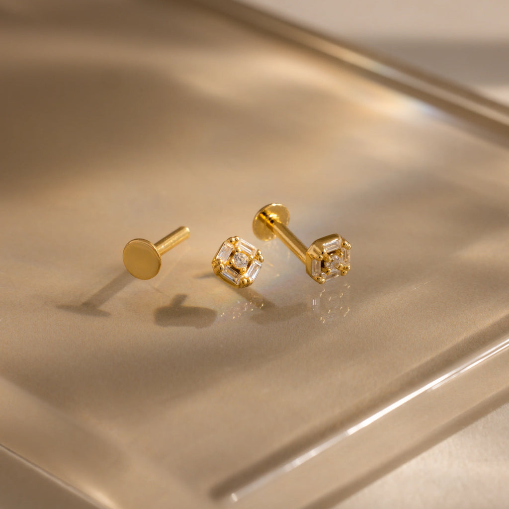 Art Deco Flatback Studs Silver 18K Gold Plated