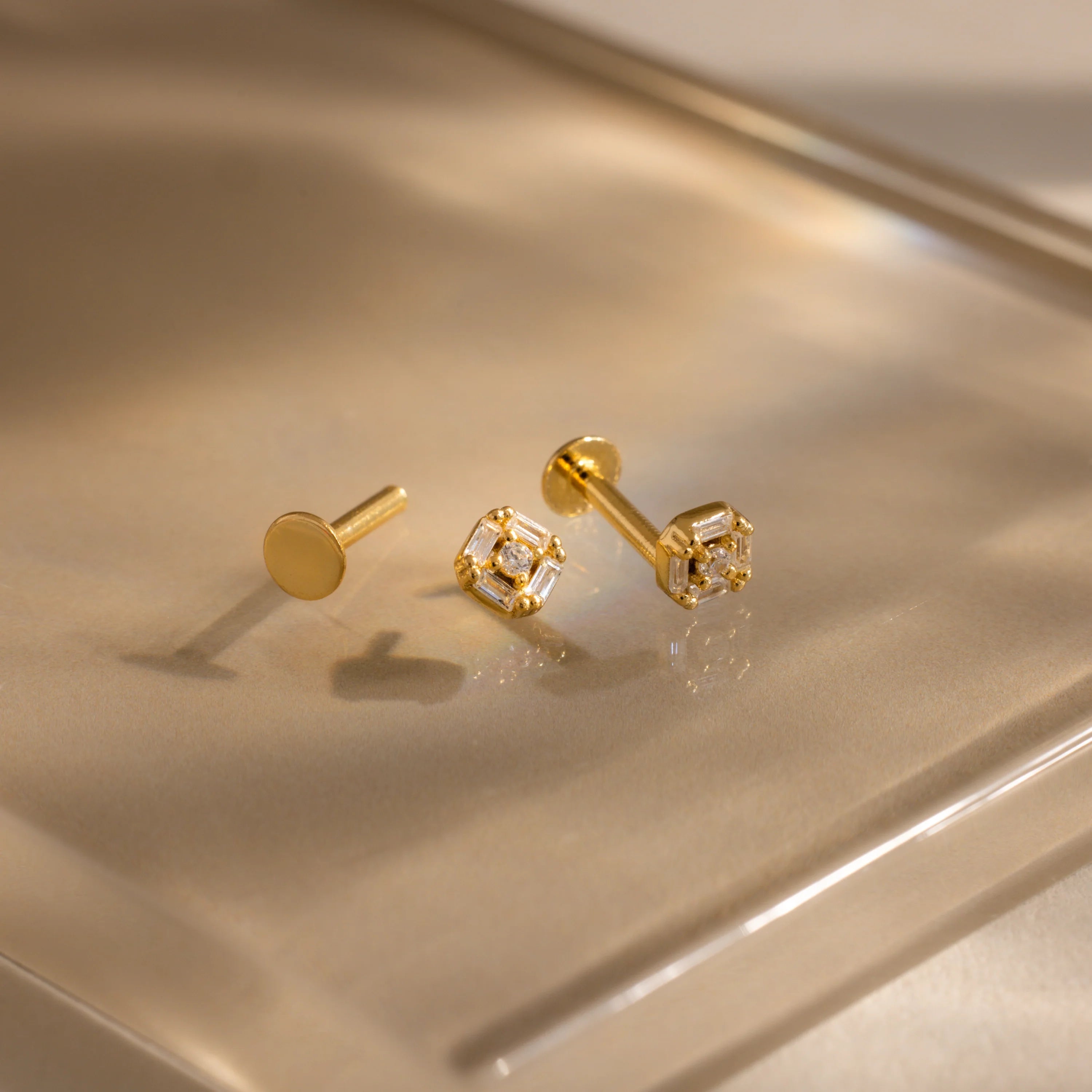 Art Deco Flatback Studs Silver 18K Gold Plated