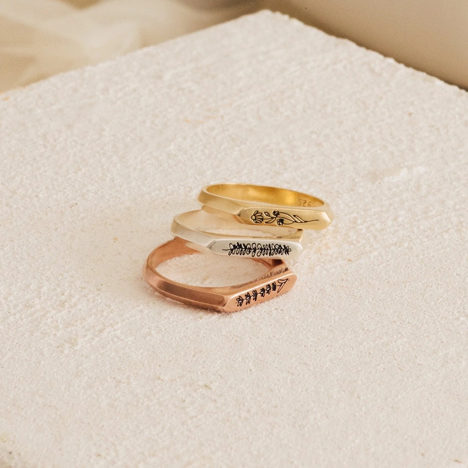 Thin Birth Flower Signet Ring Silver 18K Gold Plated