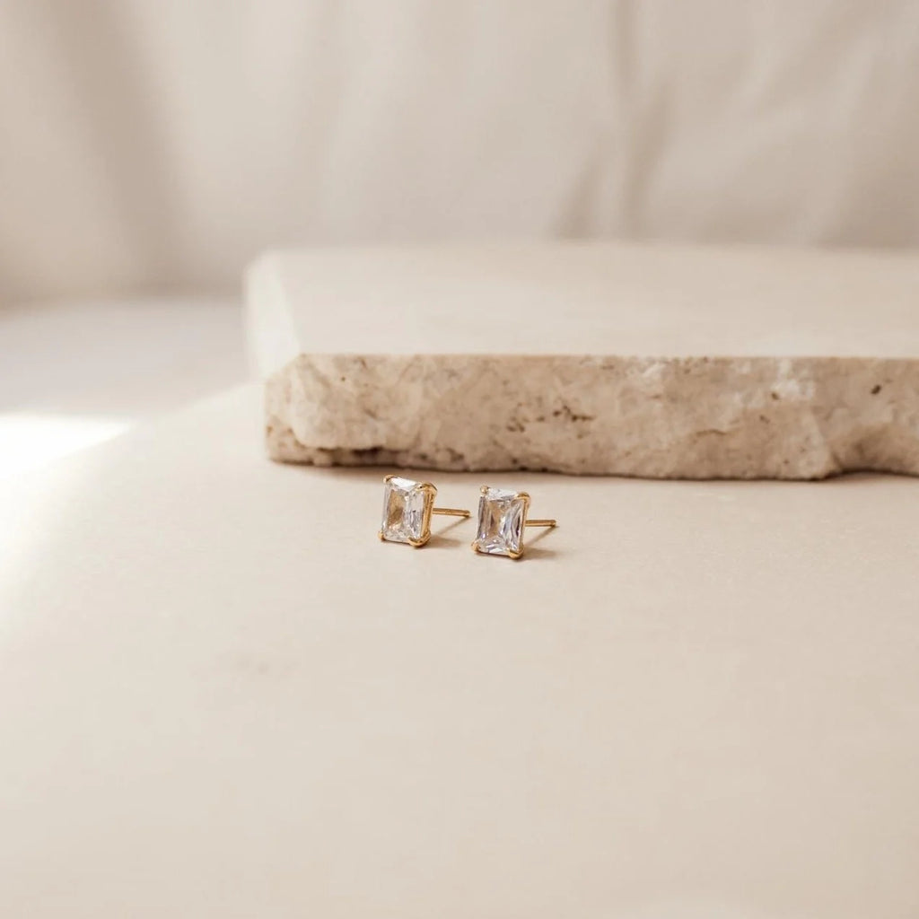 Emerald Diamond Stud Earrings Silver 18K Gold Plated