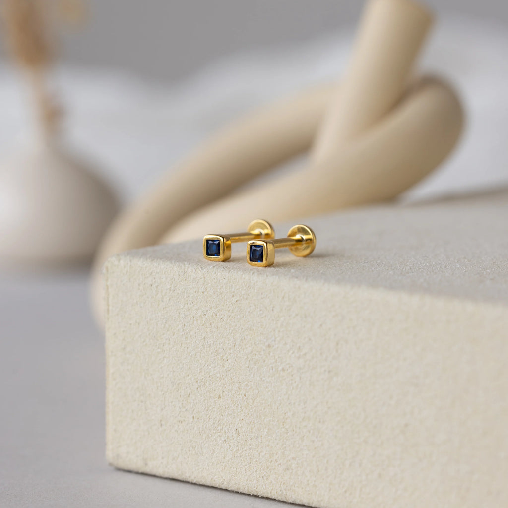 Birthstone Square Bezel Flatback Studs Silver 18K Gold Plated