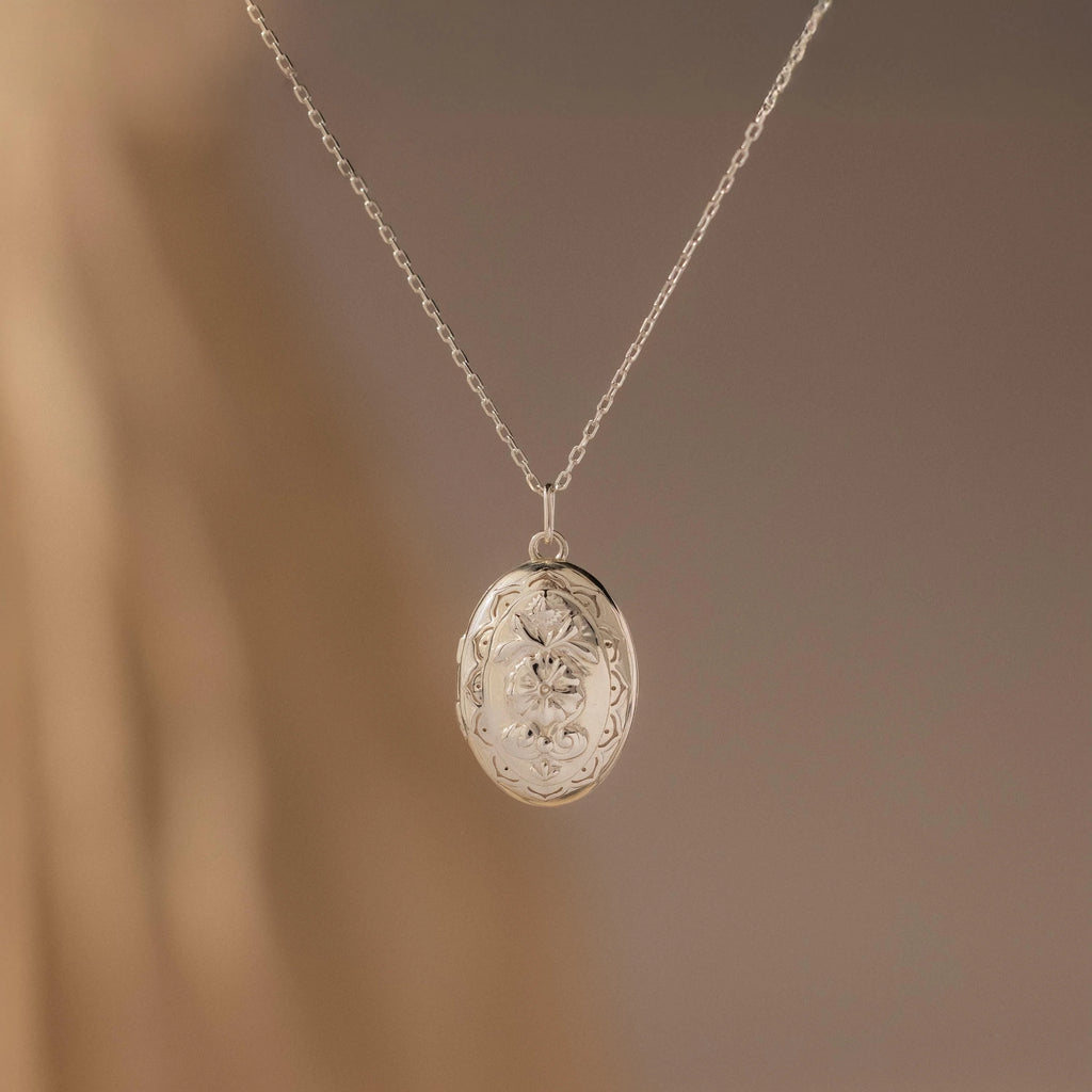 Floral Handwriting Locket Necklace Silver 18K Gold Plated