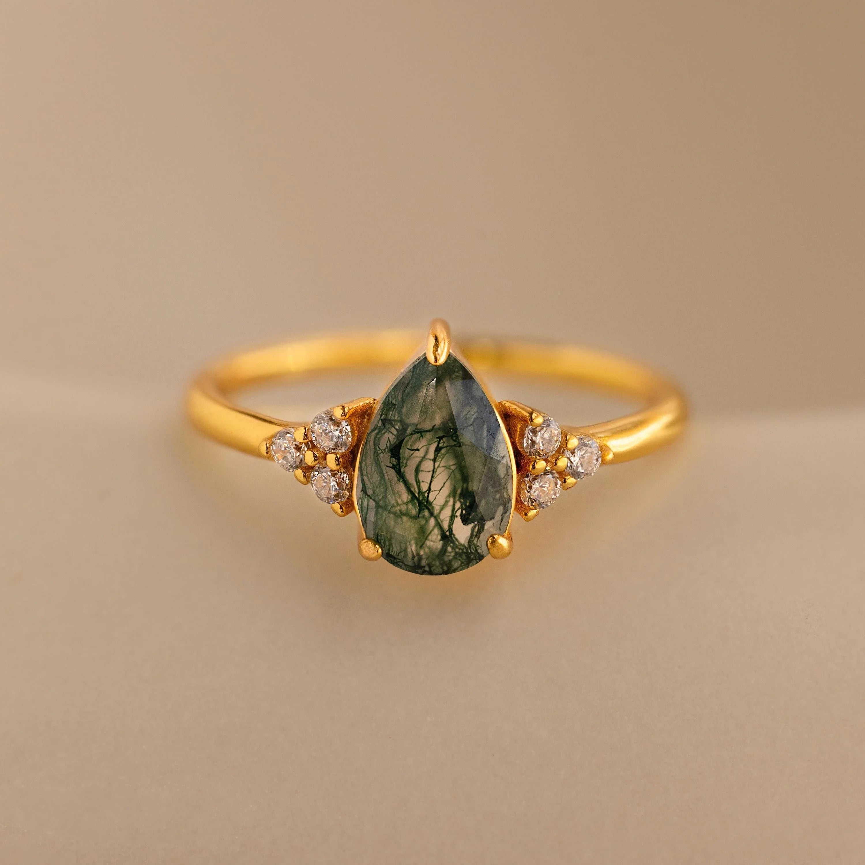 Moss Agate Teardrop Ring Silver 18K Gold Plated