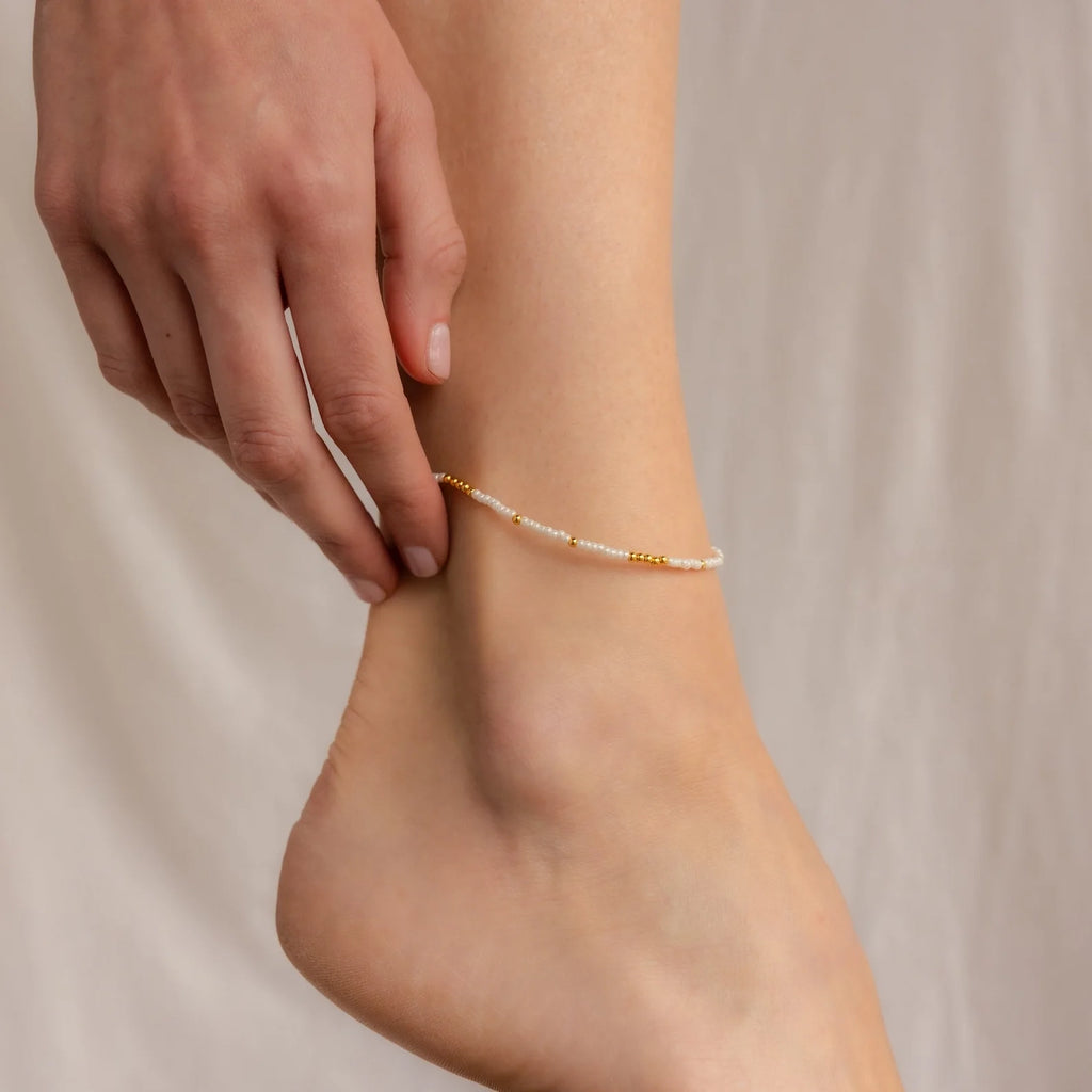 Dainty Pearl Beaded Anklet Silver 18K Gold Plated
