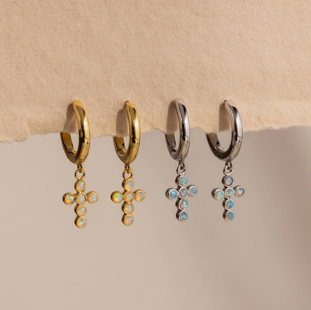 Opal Cross Huggies Silver 18K Gold Plated