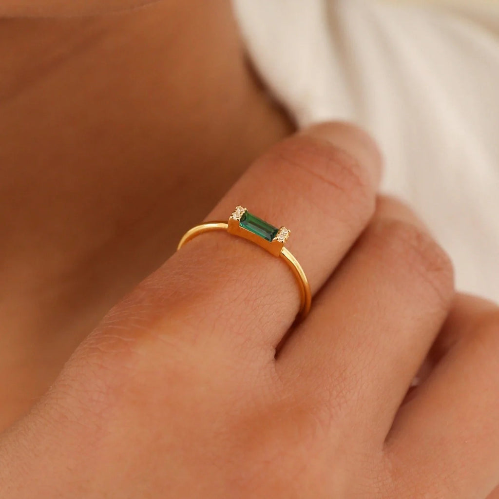 Baguette Cut Emerald Ring Silver 18K Gold Plated