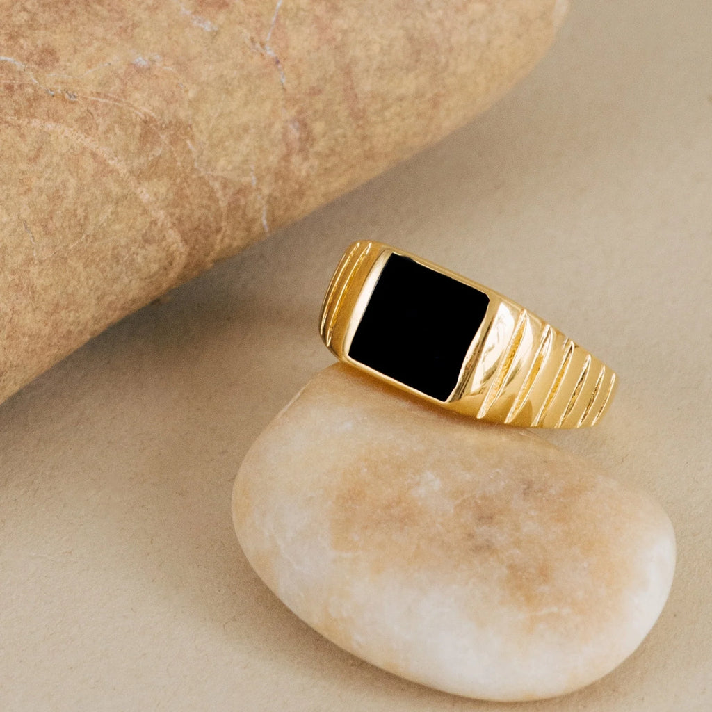 Black Enamel Signet Ring Silver 18K Gold Plated