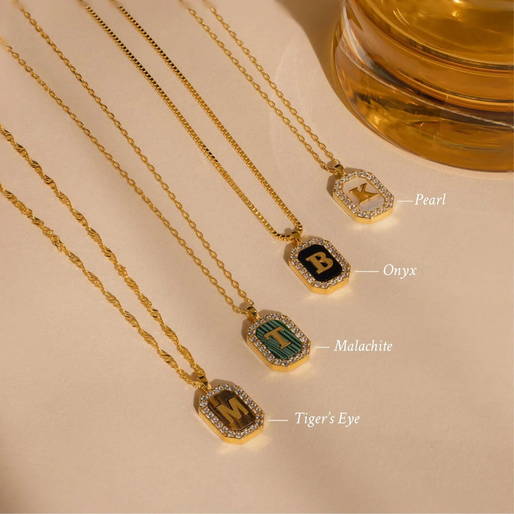 Pave Gemstone Initial Necklace  Silver 18K Gold Plated