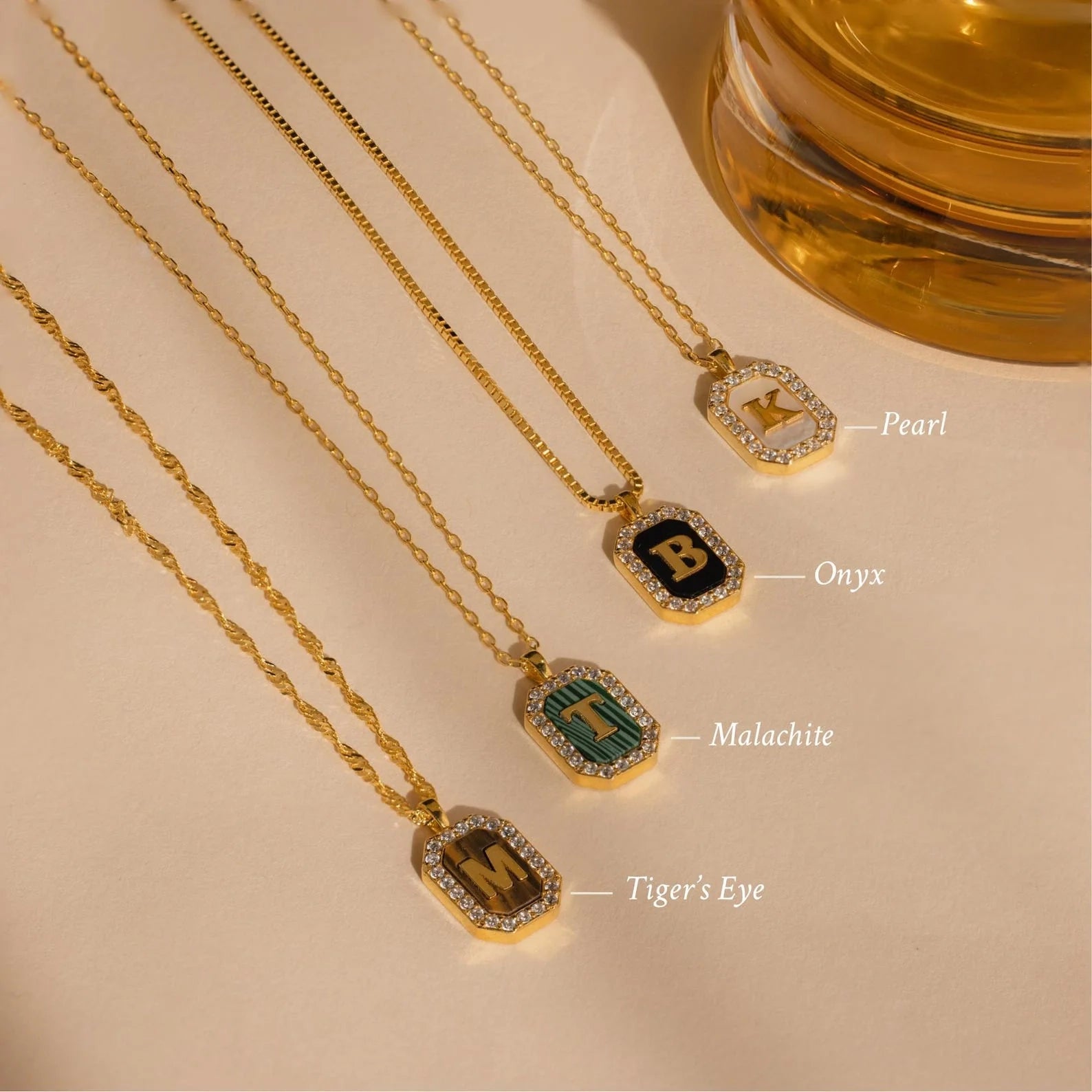 Pave Gemstone Initial Necklace  Silver 18K Gold Plated